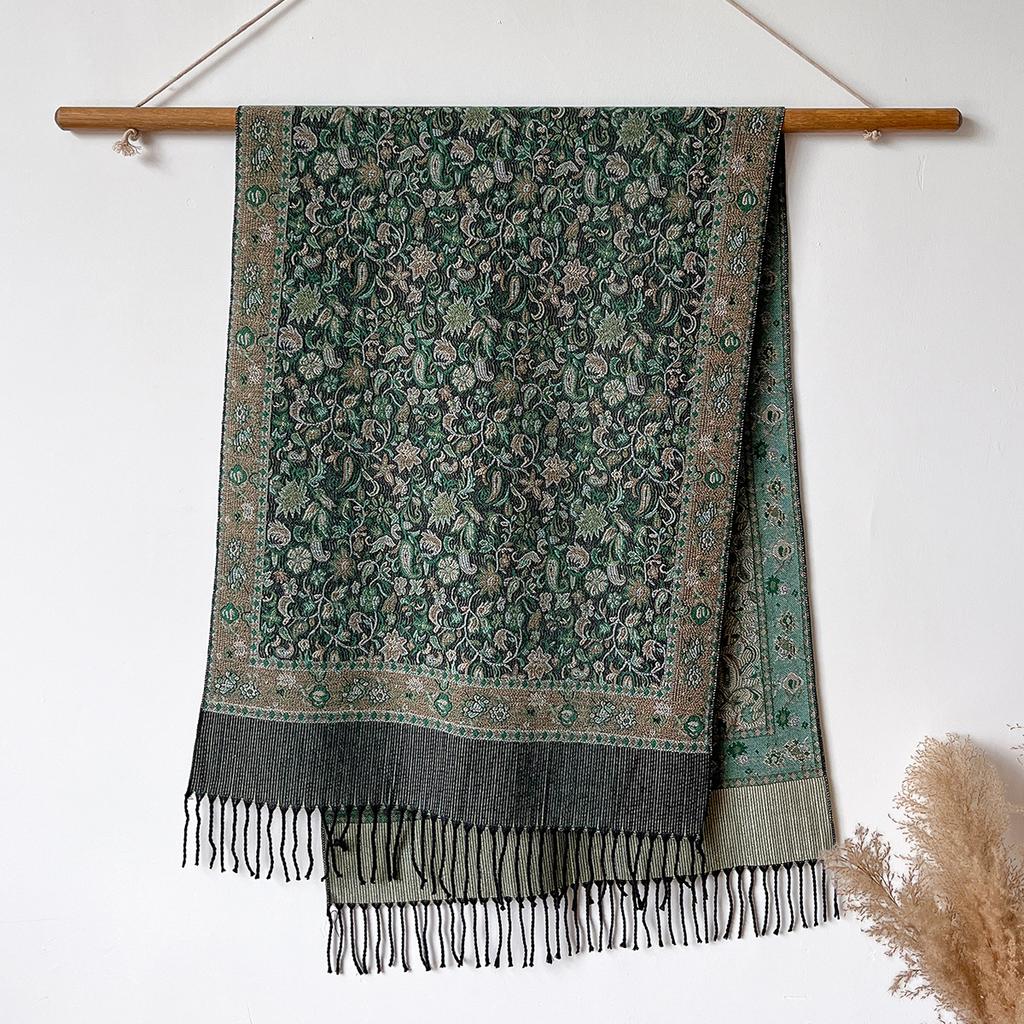 versatile retro flower pattern Hong Kong style imitation cashmere women's warm scarf fashion long beard fringed shawl