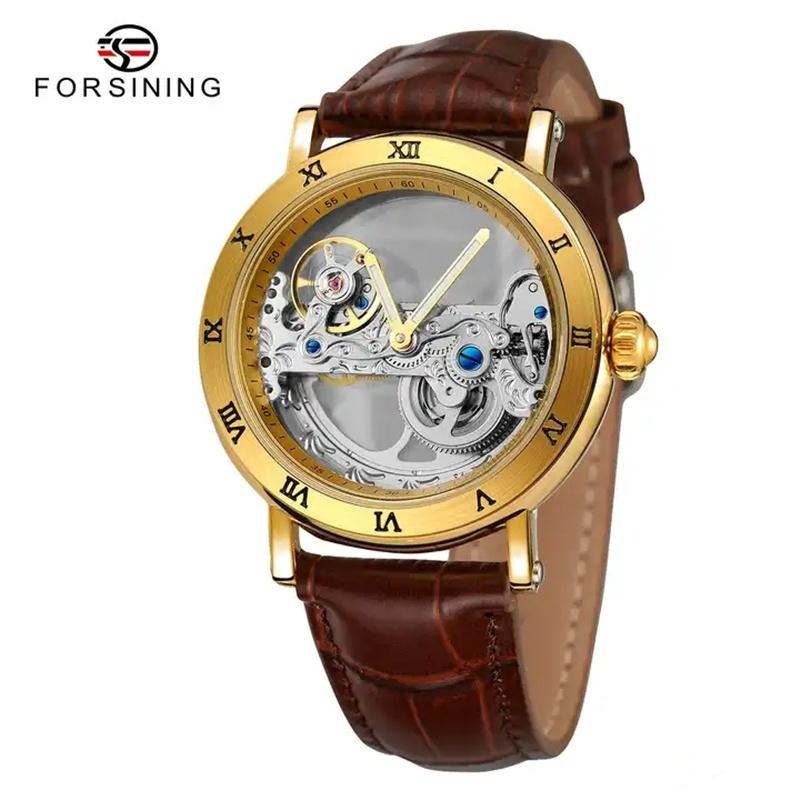 Forsining New Fashion Transparent Skeleton Mechanical Watch Men Leather Waterproof Luminous Hands Steampunk Automatic Watches