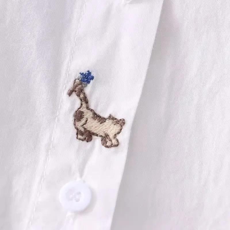 Spring Autumn White Shirts Women Turn Down Collar Embroidered Long Sleeve Casual Little Blue Flower