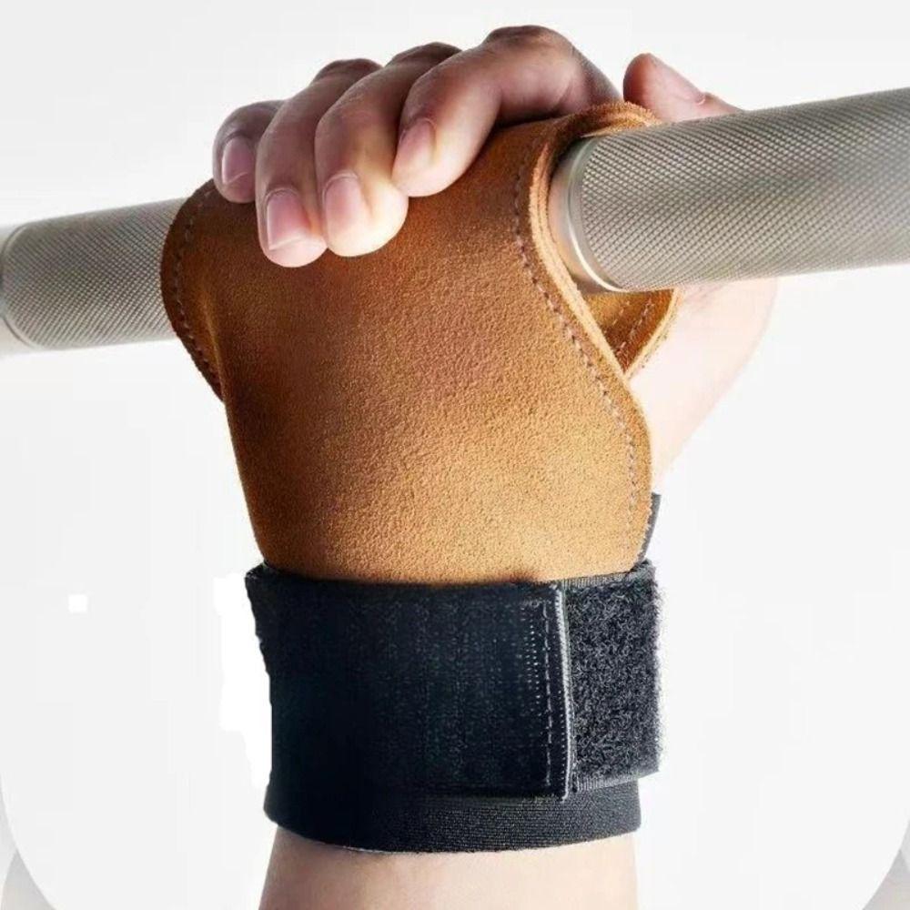Double Layer PU Leather Gloves Wrist Strap Cowhide Palm Weight Lifting Gloves Anti-Skid Grip Pads Pull-Up Gloves