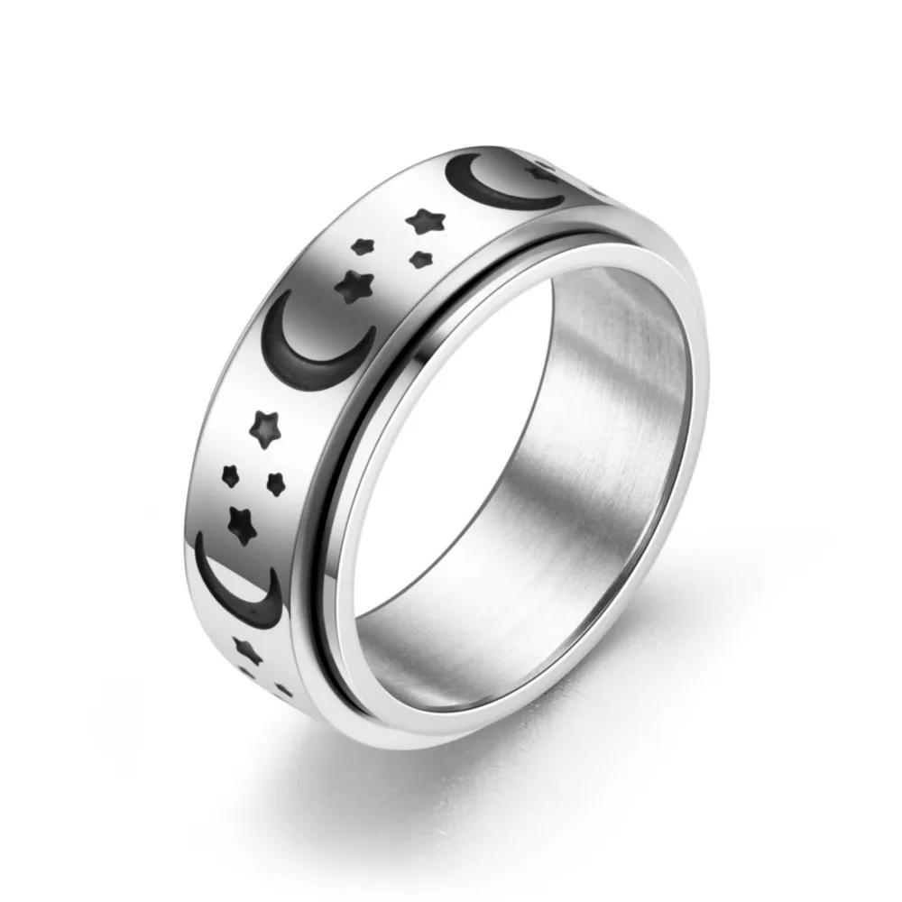 Trendy Punk Anxiety Ring for Women And Men with Moon Design Stainless Steel Anti-Stress Fidget Ring Fashionable Rotating