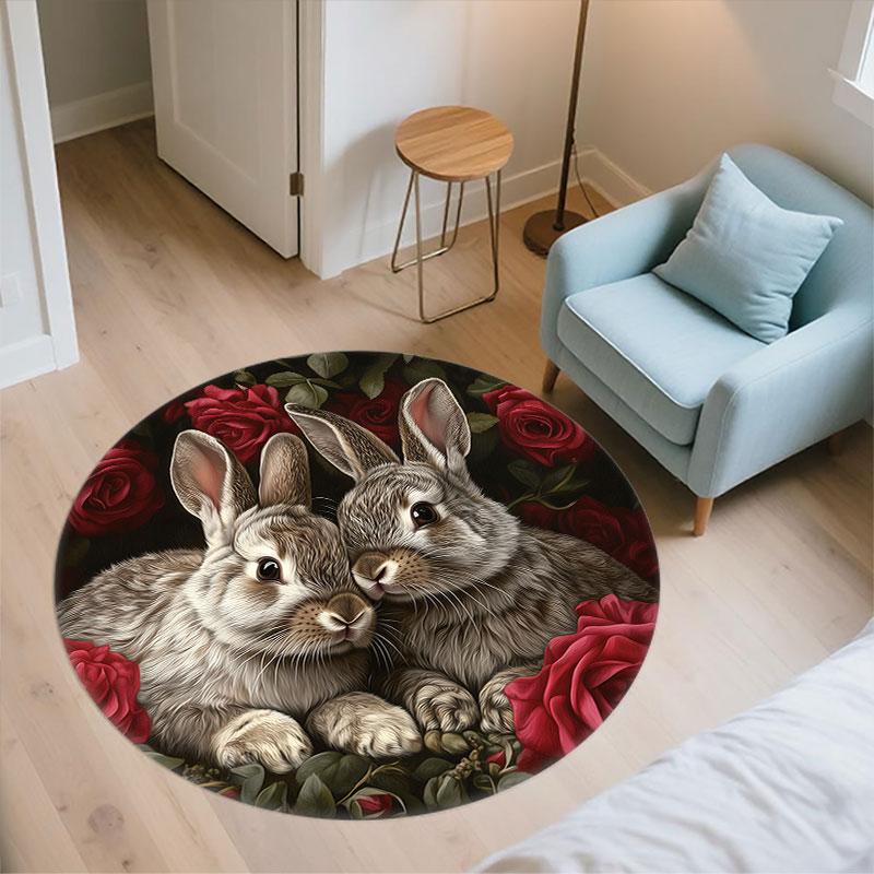 Rabbits & Fresh Flowers pattern round rug,Carpet Rug for Living Room Bedroom Playroom ,Non-slip Floor Mat,Holiday Gifts and Birthday Gifts.