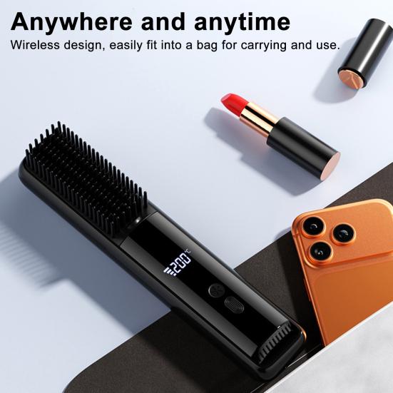 Cordless Hair Straightener Brush LCD Temperature Display Frizz Control Hair Straightening Comb USB Rechargeable Fast Heating Electric Hot Brush