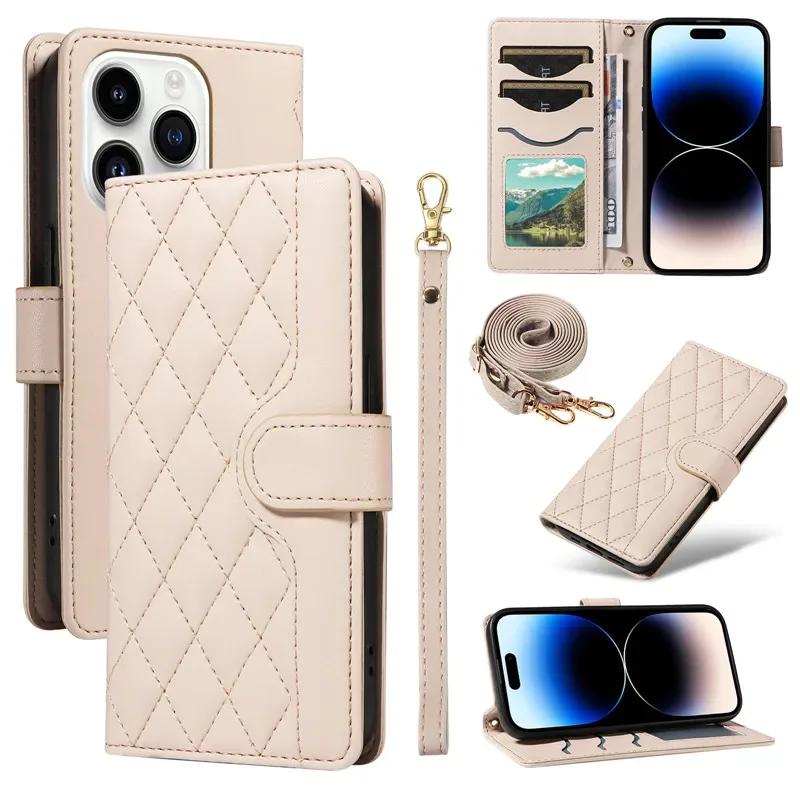 Lanyard Leather Wallet Card Phone Case for iPhone 17 Air 16E 16 Pro Max 15 14 Plus 13 12 11 XS XR X Crossbody Flip Purse Cover