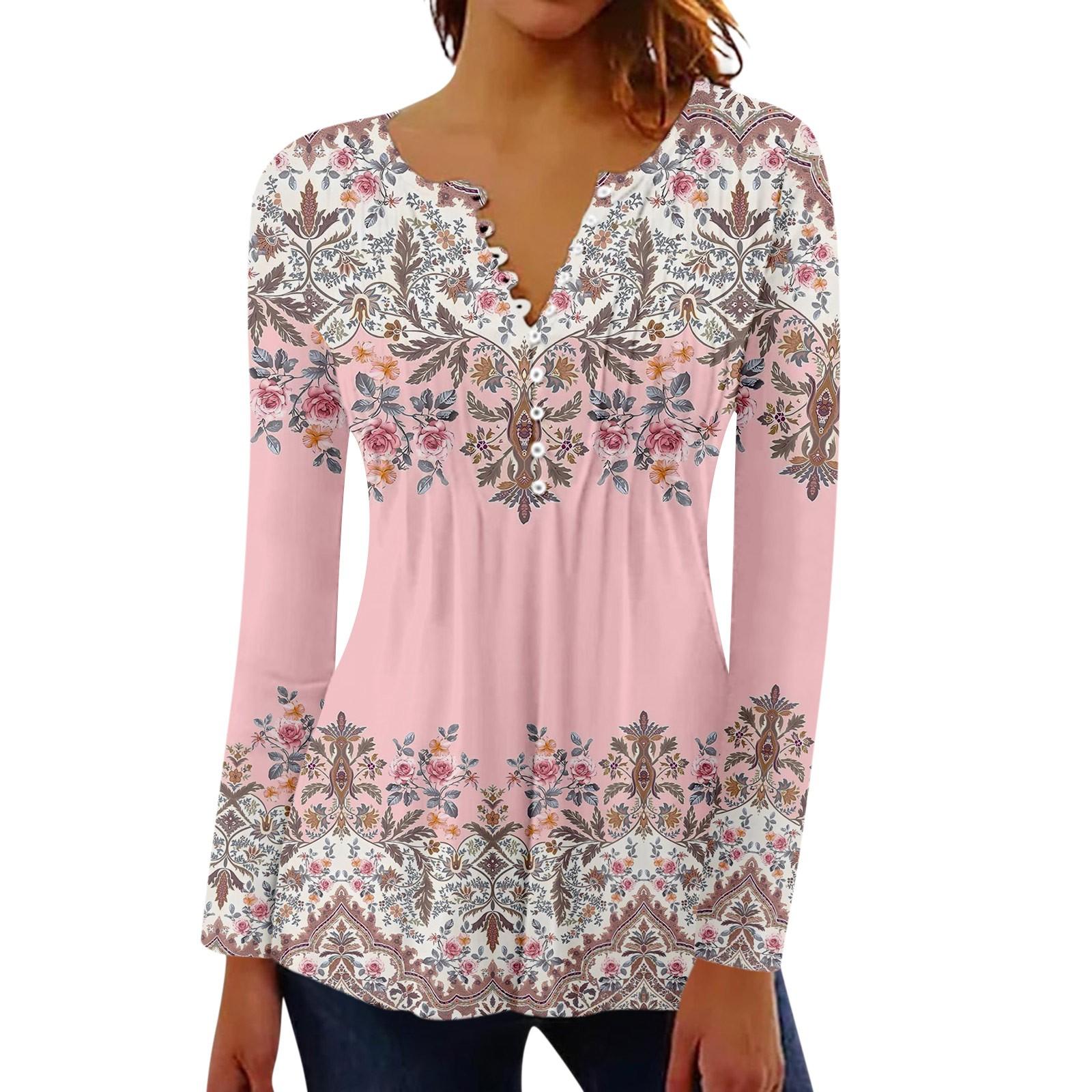 

Women s Pleated Button Retro Floral Print Top L рожевий