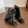 Fashion Vintage Style Chunky Heel Pleated Stacked Boots Women  Autumn Winter Black Belt Buckle Punk Short Botines Slip on Shoes Women