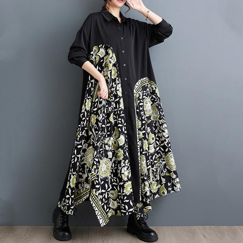 Long Sleeve Plus Size Vintage Floral New In Dresses for Women Casual Loose Spring Autumn Shirt Dress