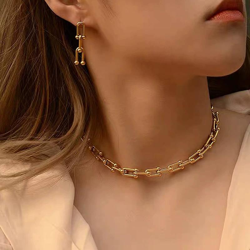 316L Stainless Steel Fashion Stitching U-shape Stitching Thick Chain Necklace Bracelet Earring Set Wedding Zircon Set