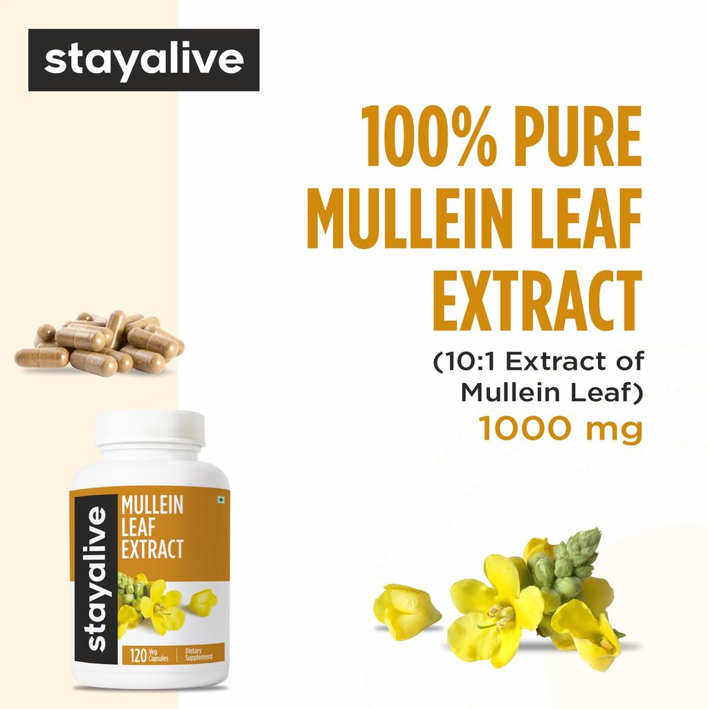 STAY ALIVE Mullein Leaf Extract 1000mg, 10:1 Extra Strength, 120 Vegan Mullein Capsules, All Natural, 100% Pure Leaves Powder, 2 Month Supply, No