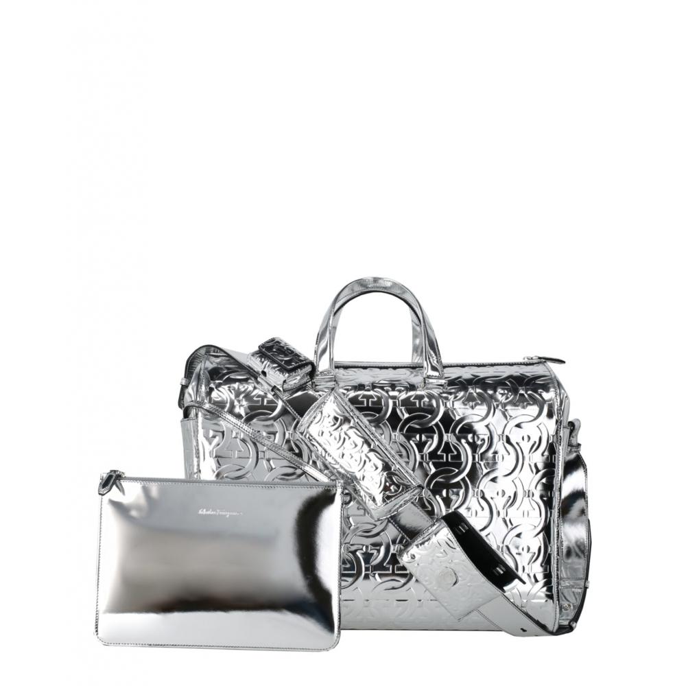 

Salvatore Ferragamo Brooklyn Monogram Metallic Leather Tote Silver