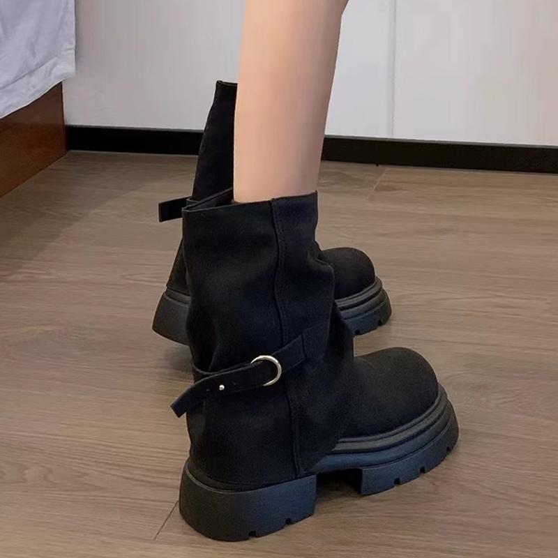 

Женские сапоги средней длины на толстой платформе, дизайнерские туфли на среднем каблуке, трендовые зимние новые брендовые туфли-лодочки в готическом стиле для мотоциклистов 39