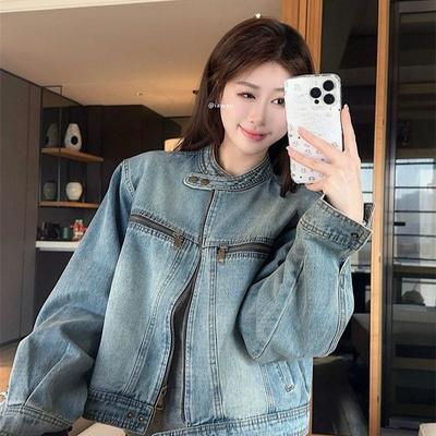 Amerikanische Vintage gewaschene Jeansjacke Kurz Stehkragen Reißverschluss Lockerer Schnitt Frühling Herbst Lässig