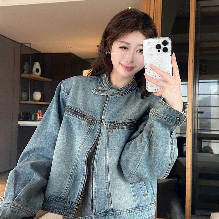 American Vintage Washed Denim Jacket Short Stand Collar Zip Up Loose Fit Spring Autumn Casual