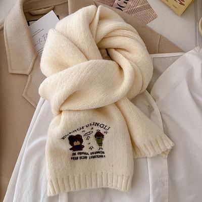 Scarf Women's Winter New High-end Bear Embroidery Warm and Thickened Cold-proof Knitted Wool Scarf Shawl