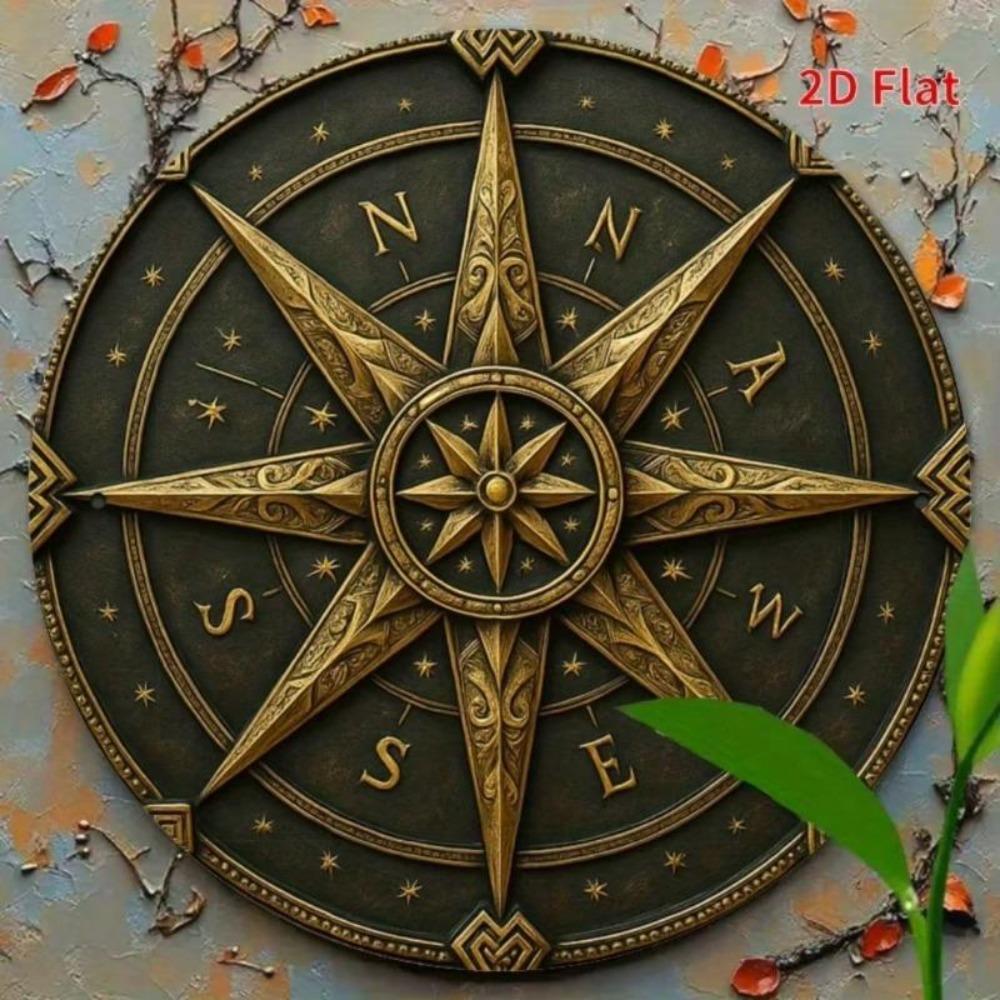 Vintage Metal Wall Art Compass Decor Round Iron Design Roman Numerals Star