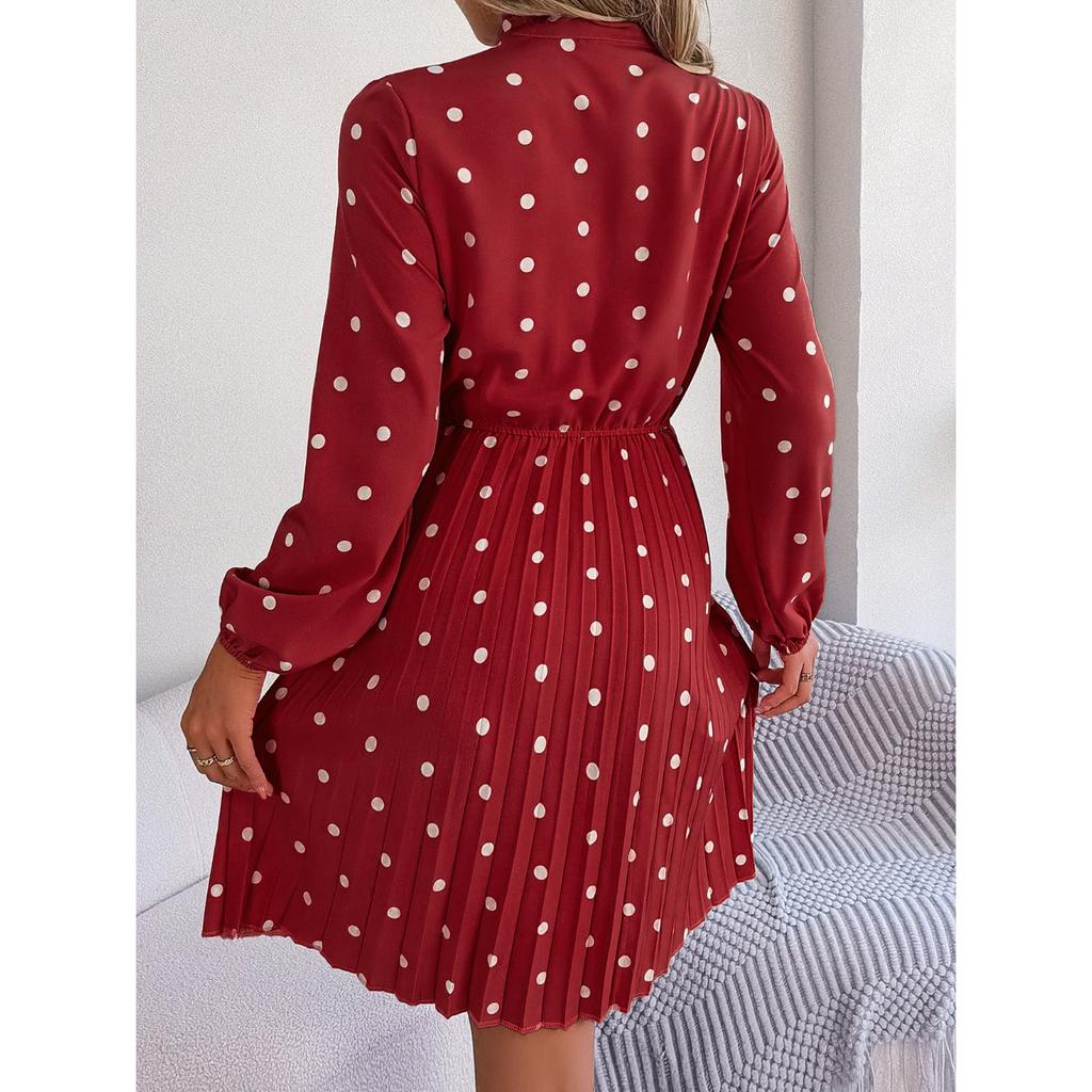 GMXIA Autumn and Winter Stylish Polka Dot Tie Waist-cinching Long-sleeved Pleated Skirt Women's Wear