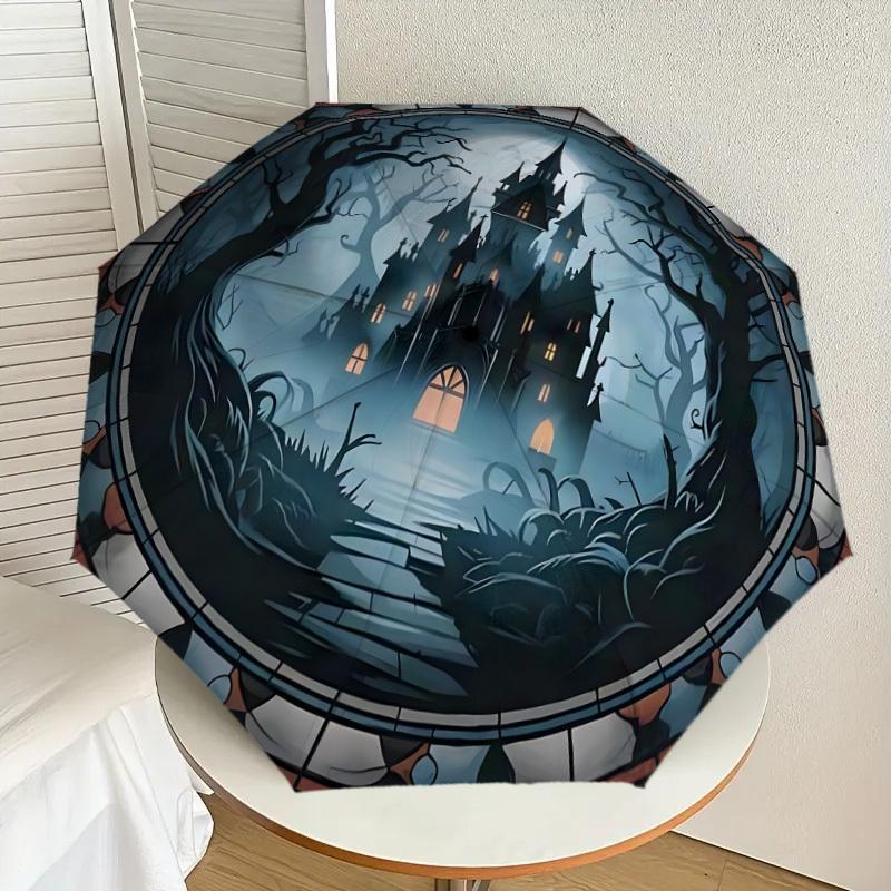 

1pc Haunted Castle Stained Glass Umbrella with Plastic Handle,Suitable for All Seasons Home Travel Outdoor UmbrellaDD1316