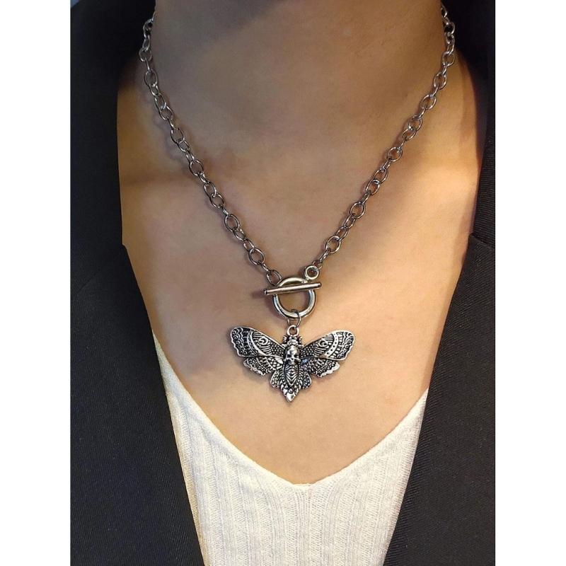 Gothic Death Moth Pendant Necklace Clavicle Chain Necklace Simple Chain Skull Butterfly Necklace Jewelry for Women Men