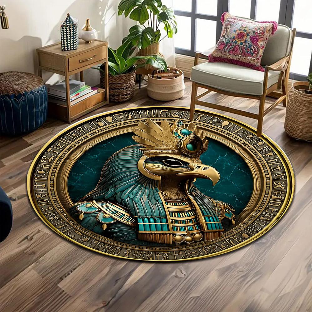 Egyptian Hawk God with Hieroglyphic Frame Print round rug, living room, bedroom, playroom carpet, non slip floor mat, gift