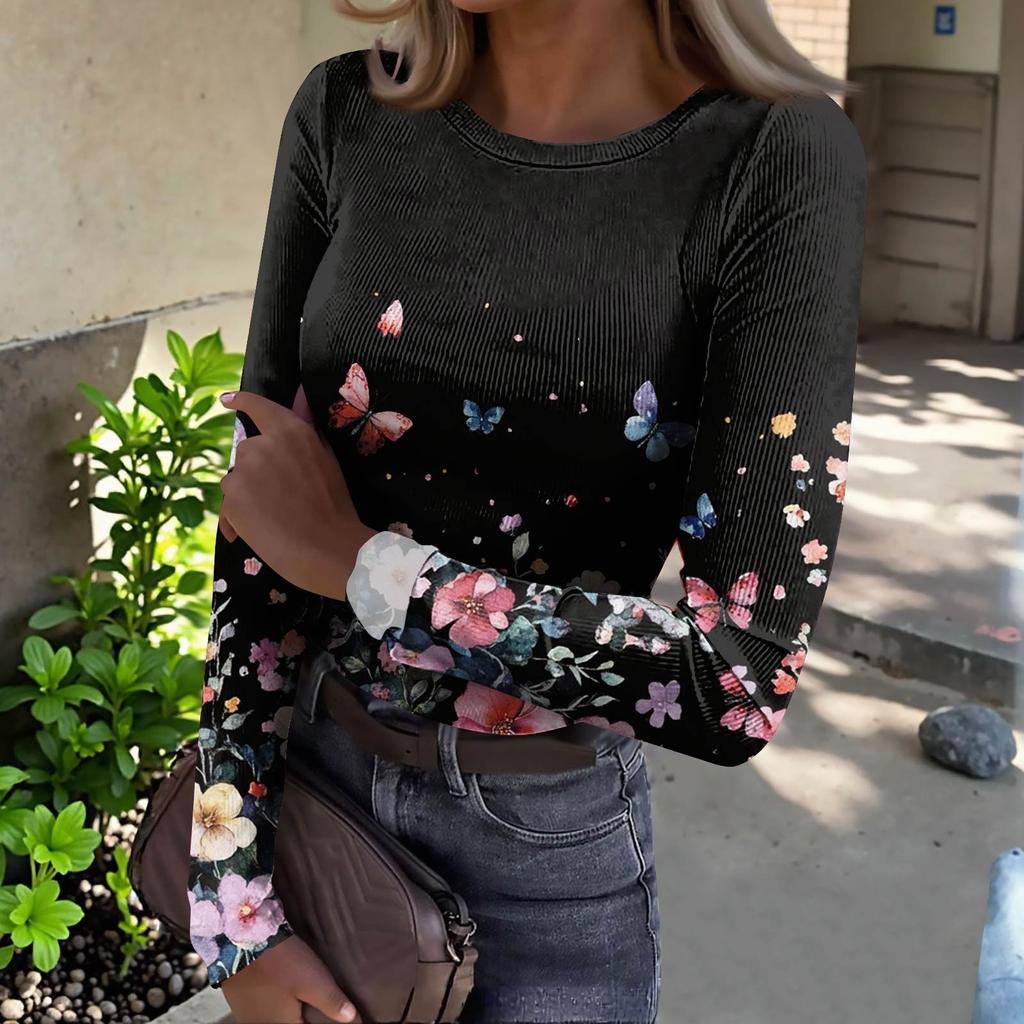Women's  Slim Bottom T-shirt Fashion Casual Gradient Printing Round Neck Pullover Long Sleeve Top