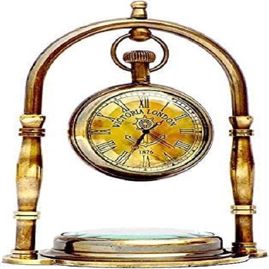 Brass Vintage Victoria London 1876 Table Clock and Compass Shelf Clock Victoria Stand Watch