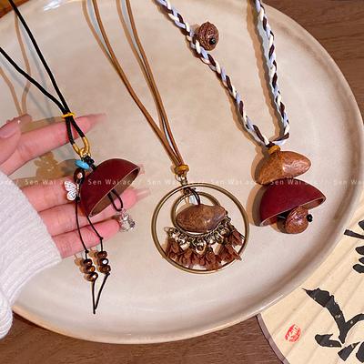 New Chinese Color Rope, Wooden Beads, Fruit Core Oval Necklace, Retro Ethnic Style Collarbone Chain Necklace Decoration