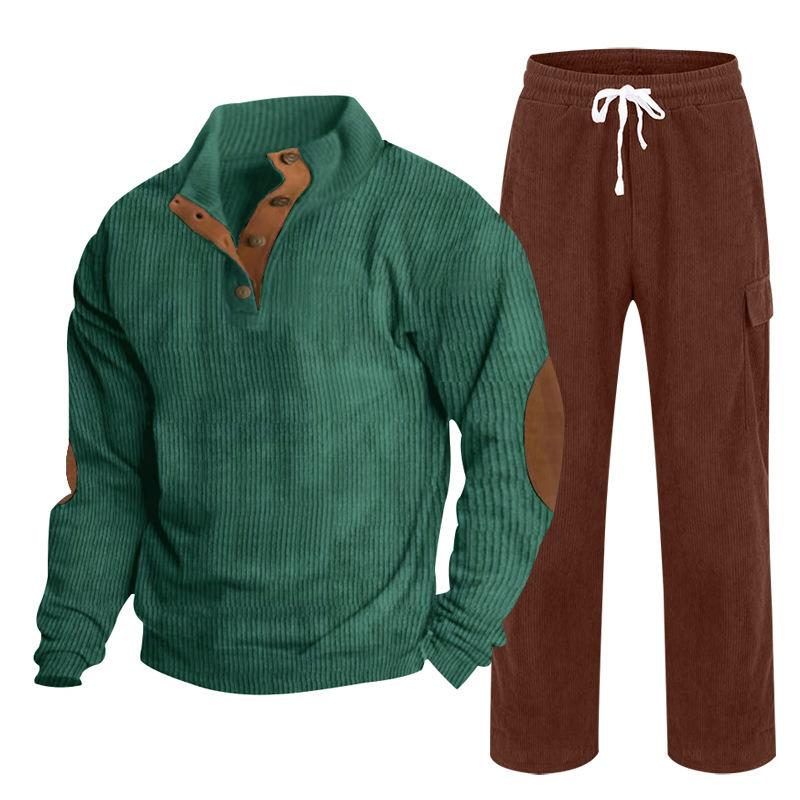 Herren Herbst/Winter Neuankömmling Sportbekleidung Zweiteiliges Set Cord Knopfleiste Henley Oberteil und Straight-Leg Hose Lässiges Ensemble
