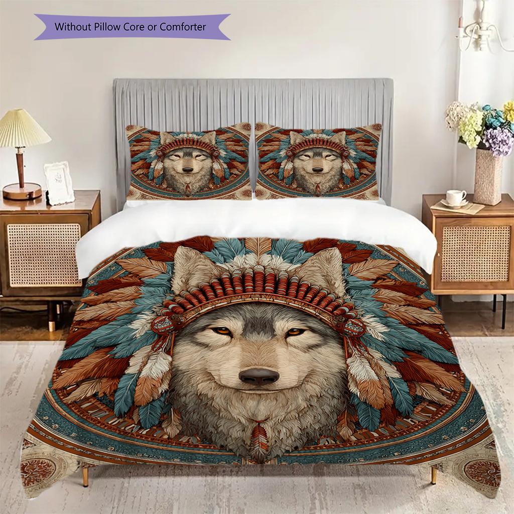 Primitive Wolf Pattern Bedding Quilt Set Quilt Cover Pillowcase Home Decoration Birthday Gift (1 * duvet cover + 2 * pillowcase, without core)