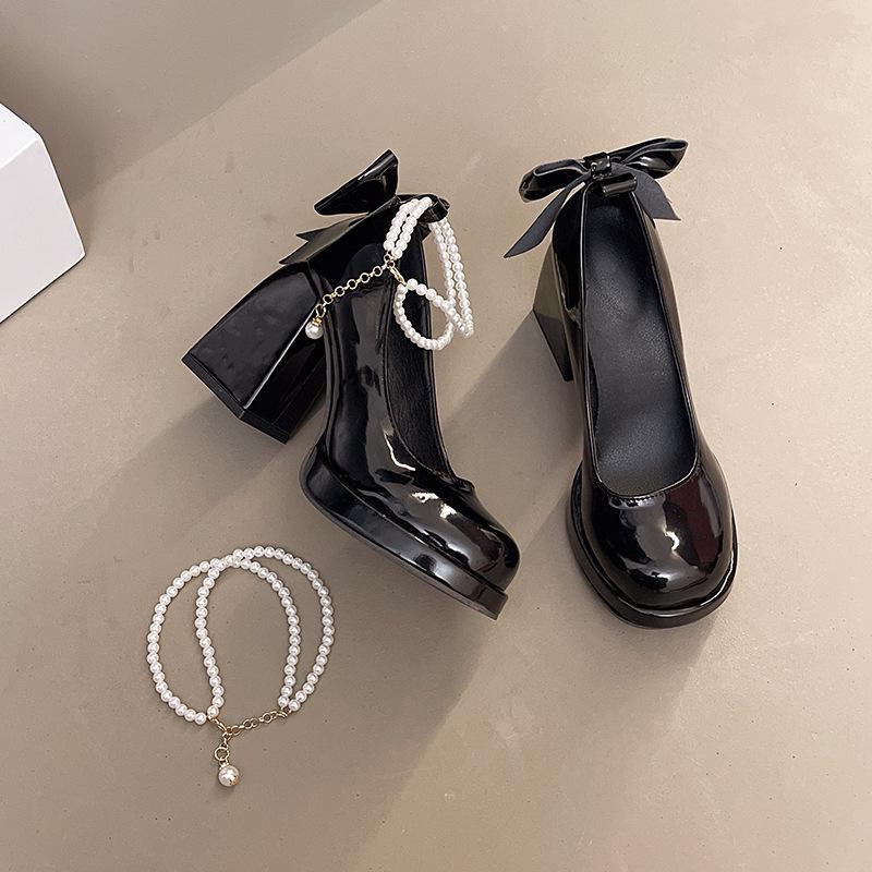 

Туфли Мэри Джейн на толстом каблуке для французской девочки 2025: Женские сандалии из жемчужной кожи 34 чёрный