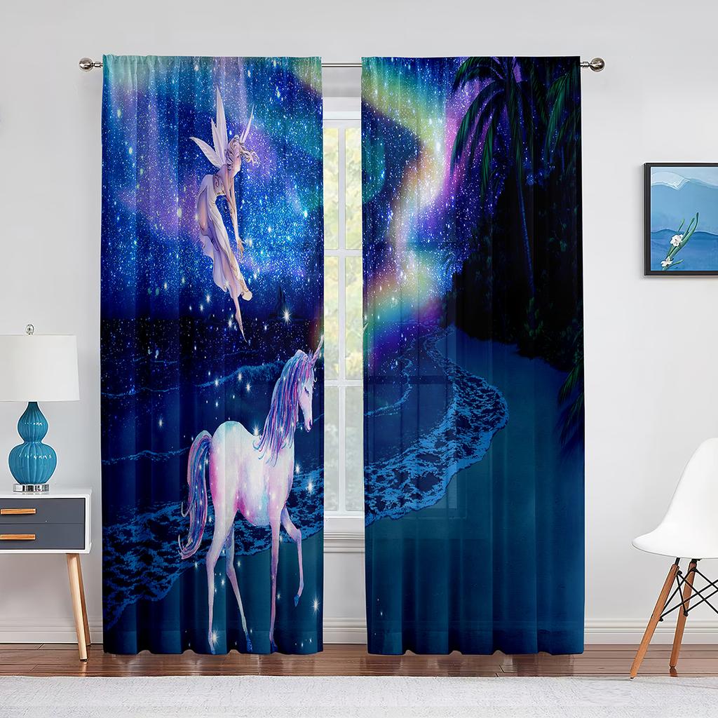 Fantasy Purple Cloud Unicorns Tulle Voile Curtains Bedroom Hotel Home Decor Sheer Curtains for Living Room Chiffon Printed Drape