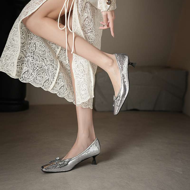 Krazing Pot Sheep Skin Summer Spring Autumn Stiletto Med Heels Butterfly-knot Women Square Toe Shallow Pumps