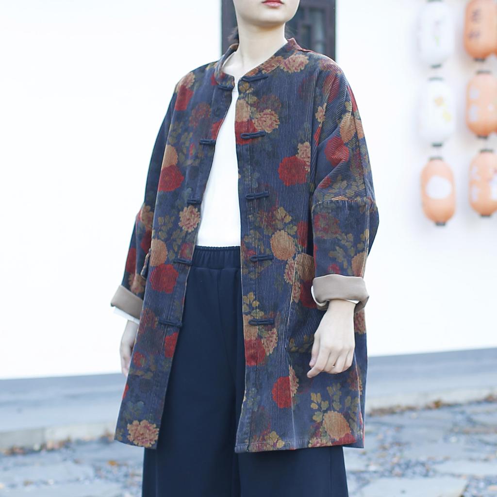 Johnature Women Vintage Corduroy Jackets Print Floral Long Sleeve Coats Spring Button Pockets Chinese Style Jackets