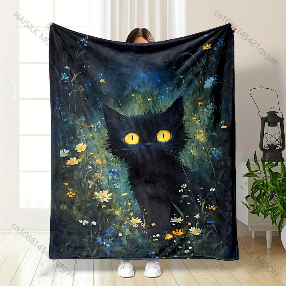 Black Cat Golden Eyes At Night Print Blanket Warm Soft Fluffy S and Adult Sofa Bed Throw Blanket Outdoor Travel Camping RV