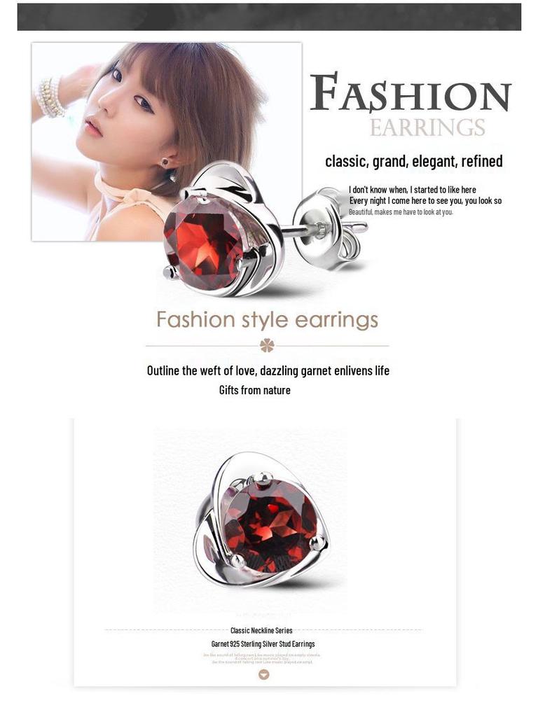 Sterling Silver Garnet Red Heart Stud Earrings - Korean Style