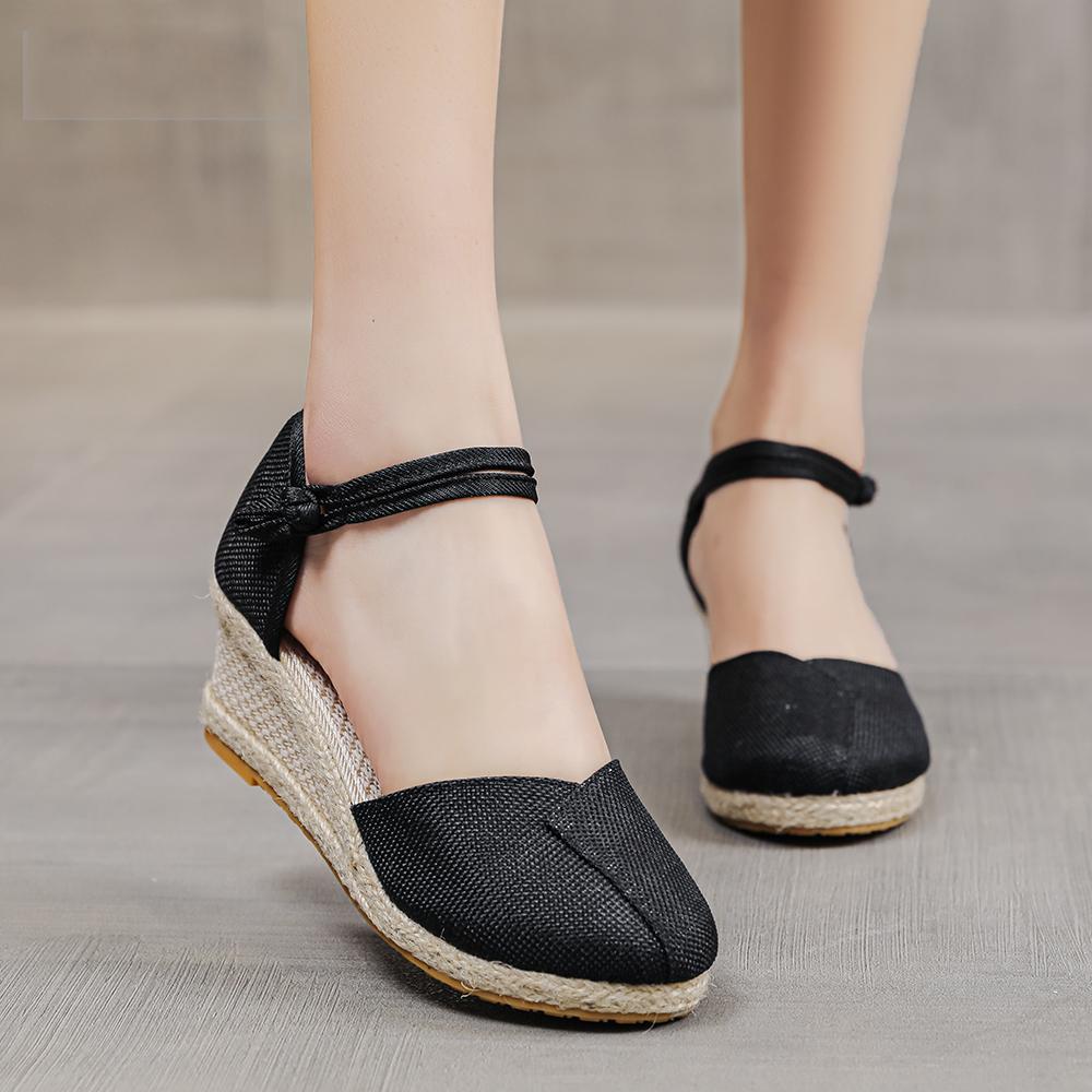 Patchwork Women Linen Wedge Espadrilles Sandals 6cm High Heel Summer Elegant Lady Close Toe Shoes Black Red White Beige