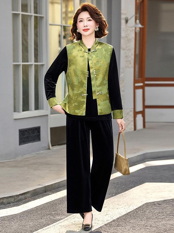 Stylish Spring Three-Piece Set: Chinese-Style Vest, Inner Top, and Pants for Middle-Aged and Elderly Women
