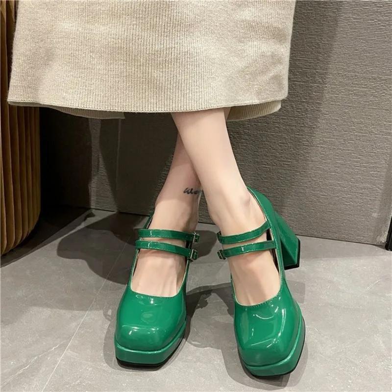 Fashion New Lacquer Leather Women's Double Button Thick High Heels Women's Square Head Buckle Thick Heels Large Heels Women's Shoes