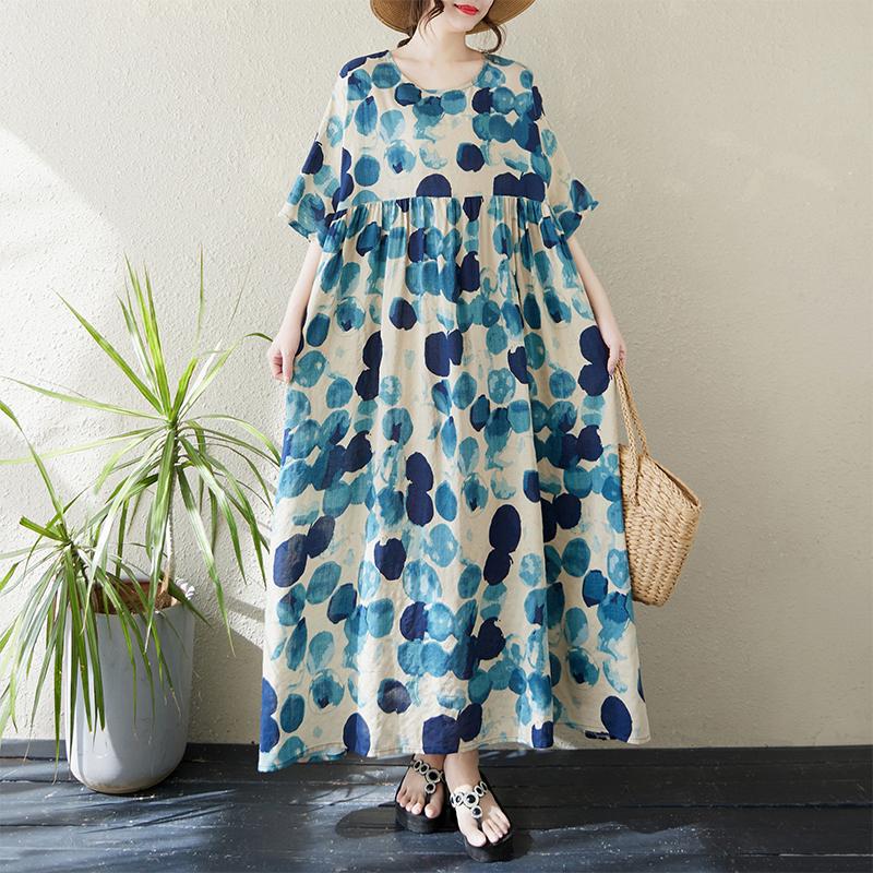 Dimanaf 2024 Plus Size Dress New Summer Basic Loose Women O-Neck Vintage Short Sleeve Big Size Beach Long Dress