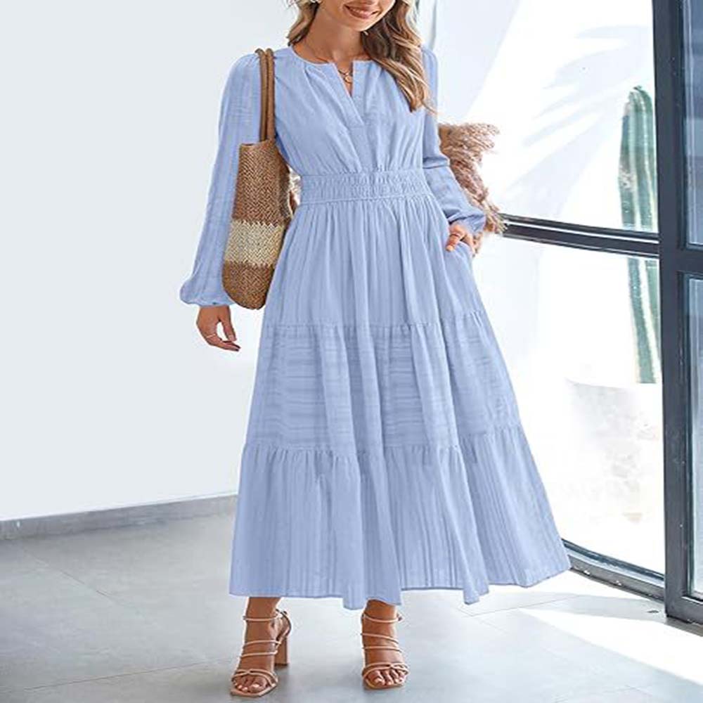 Women's Spring Summer Elegant V-Neck Ruched Waist Flared Long Sleeve Maxi Dress Fashion Casual Party Dress