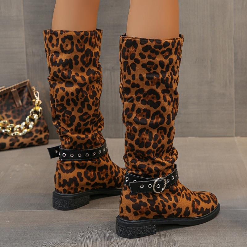Camurça Mulher Leopardo Botas de Cano Alto Sexy Salto Alto Designer Sapatos Chunky Tendência Inverno 2025 Gótico Festa Scarpins Chelsea Botas Mulher