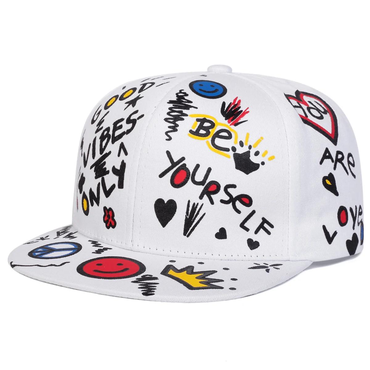 Unisex Lachende Graffiti Print Hip-Hop Hoeden Lente Herfst Buiten Verstelbaar Casual Baseballpetten Zonbescherming Hoed Sportpet wit