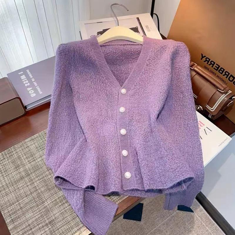 Spring Mermaid Hem Knitted Cardigan Top Women's New Korean Fashion Long Sleeved Pearl Buckle V-neck Sweater Jacket Women
