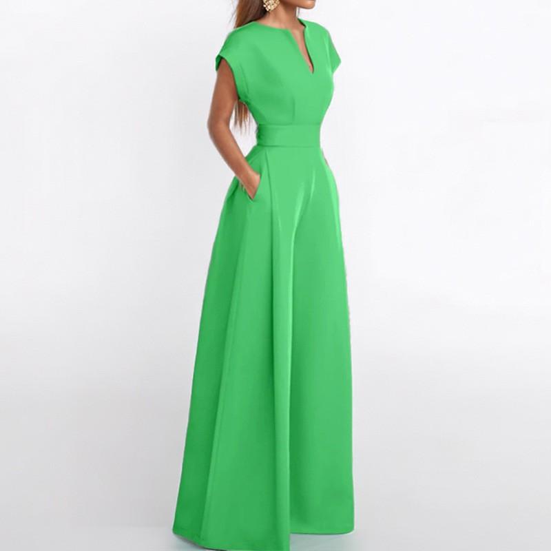 Women's Fashion Elegant Solid Color Loose V-Neck Short Sleeve Wide Leg Jumpsuit