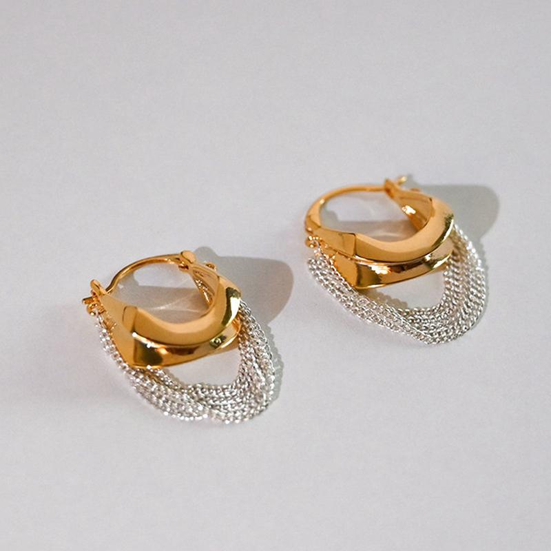 Fashion Chain Tassel Earrings Gold And Silver Color Contrast Temperament Retro Women Accessories