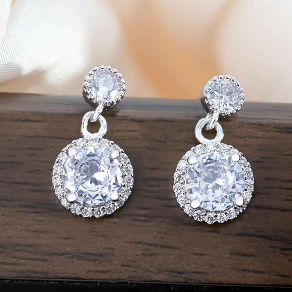 Luxury Brilliant Sliver Color Halo Full of Zircon Geometric Circle Dangle Earrings for Women Bride Engagement Wedding Jewelry