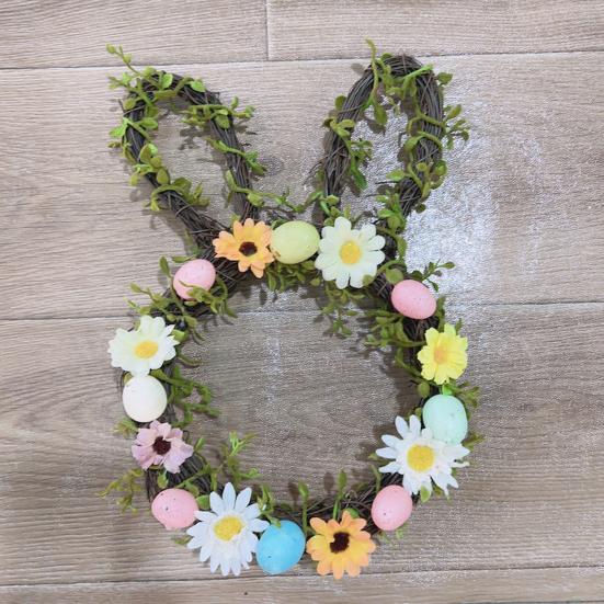 Osterhase Kranz Kleine Hasenform Rattan Kranz mit Pastell-Eiern Blumen für Haustür Innen Außen Frühling Haus Fenster Wand Dekoration