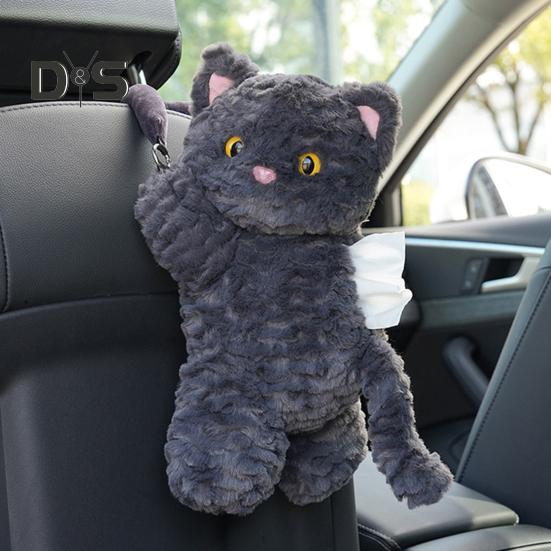 Plush Tissue Box Dispenser Zipper Closure Cartoon Cat Shaped Easy To Install Cute Tissue Box Car Hanging Tissue Organizer