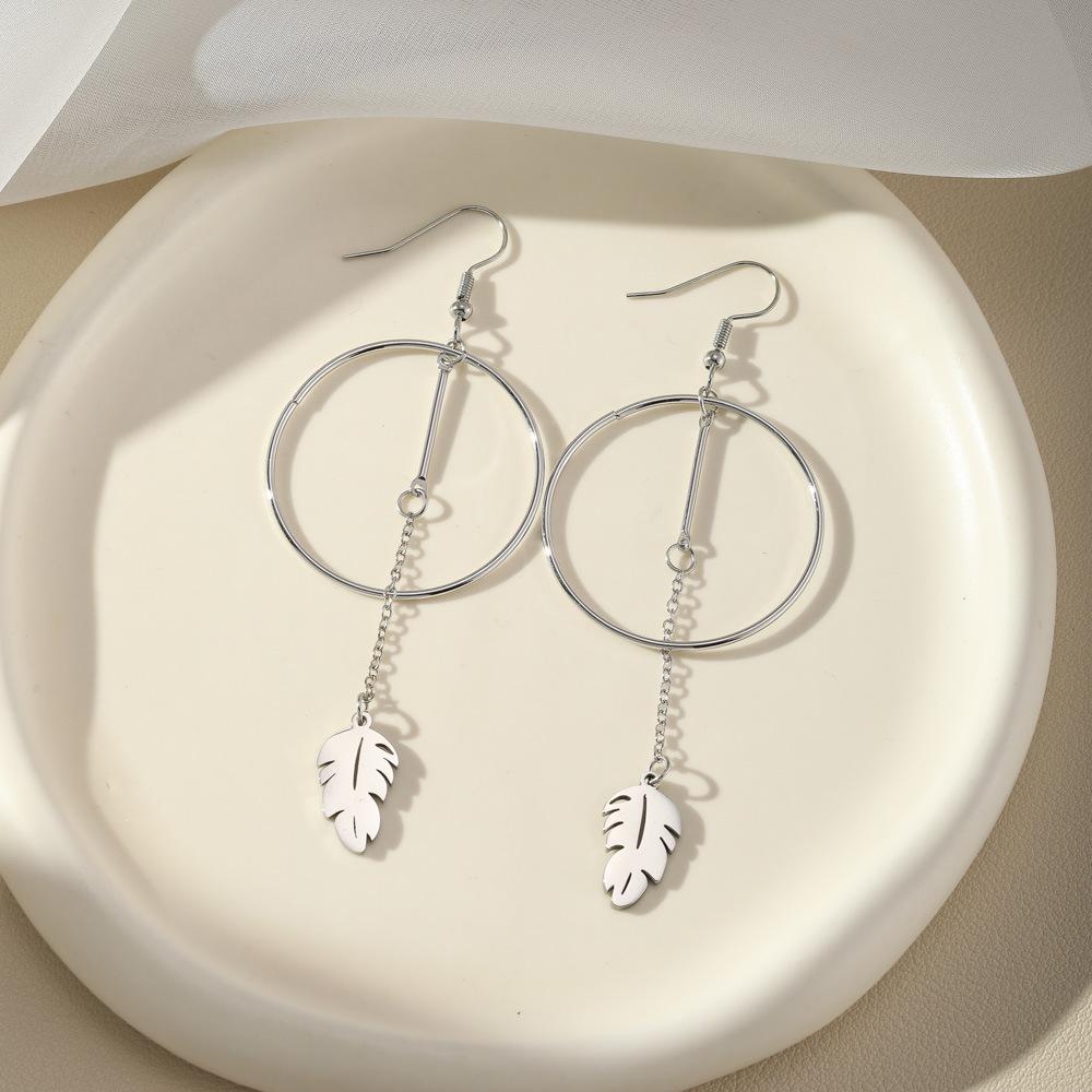 

Hoop Large Earrings With Feather Leaf Pendant Stainless Tassels Steel StyleB