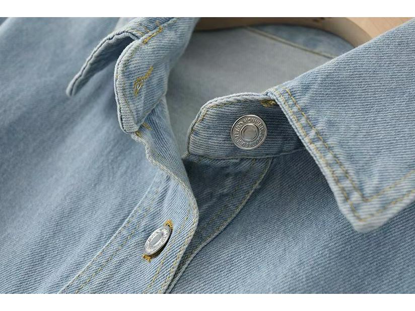Women's Washed Blue Denim Shirt Jacket with Pocket Embellishments - European & American Style, Autumn Collection