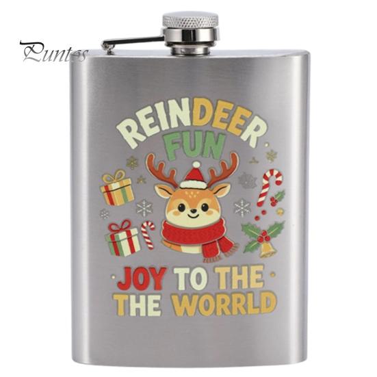 Festive Patterned Drinking Cup Beer Barrel Flask, 8oz Stainless Steel Oil Drum Shaped Flask with Small Gift for Christmas Prints Outdoor Camping Party
